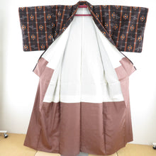 Load image into Gallery viewer, Tsumugi Kimono Ring Water Cross Kasuri Brown x Orange Lined Lined Lord Wide Casual Tailoring Kimono Star Star 160cm Beautiful goods