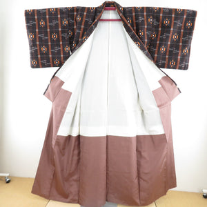 Tsumugi Kimono Ring Water Cross Kasuri Brown x Orange Lined Lined Lord Wide Casual Tailoring Kimono Star Star 160cm Beautiful goods