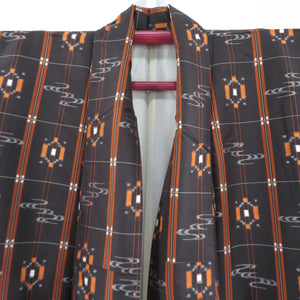Tsumugi Kimono Ring Water Cross Kasuri Brown x Orange Lined Lined Lord Wide Casual Tailoring Kimono Star Star 160cm Beautiful goods