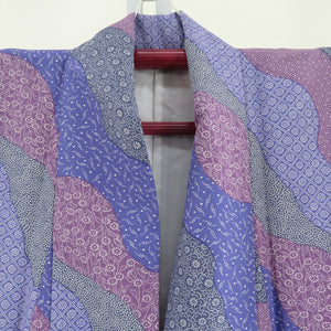 小紋 袷 波に花柄 広衿 紫色 洗える着物 仕立て上がり ポリエステル着物 身丈161cm