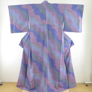 小紋 袷 波に花柄 広衿 紫色 洗える着物 仕立て上がり ポリエステル着物 身丈161cm