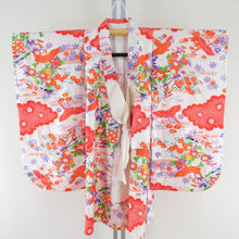 Load image into Gallery viewer, Children&#39;s kimono kids for children four lined white x orange squid in clouds in the clouds, pure silk Showa retro seven girls in height 86cm