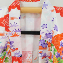 Load image into Gallery viewer, Children&#39;s kimono kids for children four lined white x orange squid in clouds in the clouds, pure silk Showa retro seven girls in height 86cm