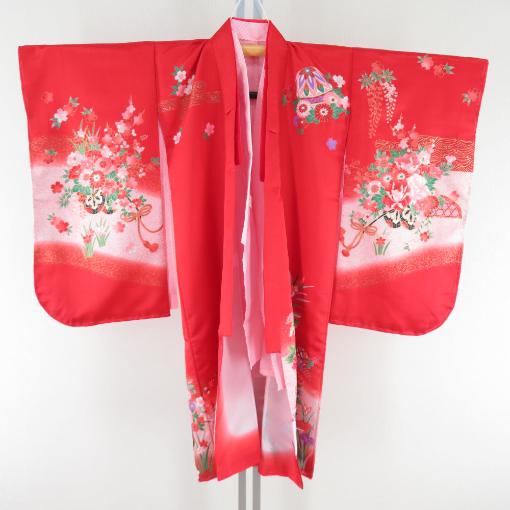 Children's kimono 2 -piece set of underwear set for children's mismanium lined flower car pattern Polyester vermilion Shichigo three girls 100cm Beautiful goods