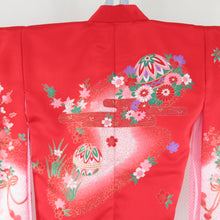 Load image into Gallery viewer, Children&#39;s kimono 2 -piece set of underwear set for children&#39;s mismanium lined flower car pattern Polyester vermilion Shichigo three girls 100cm Beautiful goods