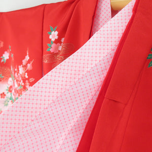 Children's kimono 2 -piece set of underwear set for children's mismanium lined flower car pattern Polyester vermilion Shichigo three girls 100cm Beautiful goods