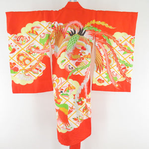 Children's kimono girl one orange color phoenix pattern pure silk thread Showa retro formal girl Shichigosan celebration Children's height 95cm