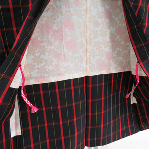 Tsumugi Kimono Ensemble Lattice Pure Silk Black Lined Bee Collar Haori Set Casual Kimono Tailor