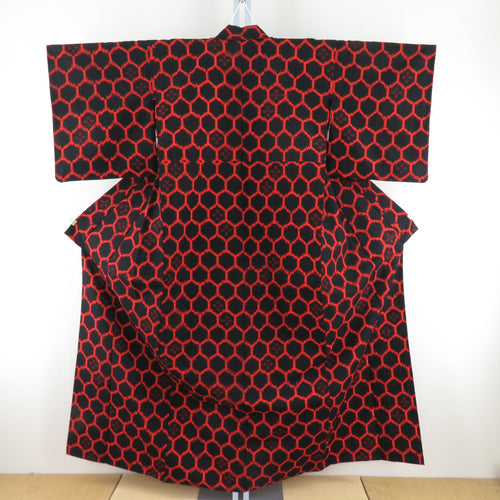 Wool kimono single clothes black x red turtle shell pattern woven pattern Bachi collar casual kimono tailor