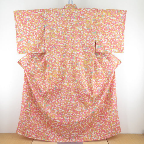 ウール着物 袷 ピンク色ｘ黄色 小梅模様 広衿 カジュアルきもの 仕立て上がり 身丈160cm
