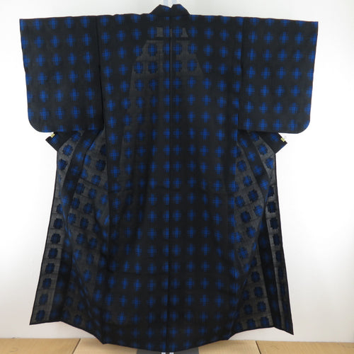 Wool kimono Wool Black x Blue Kasuri Pattern Bachi Casual Kimono Kimono