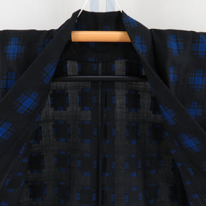 ウール着物 単衣 黒色ｘ青色 絣柄 バチ衿 カジュアルきもの 仕立て上がり 身丈152cm 美品