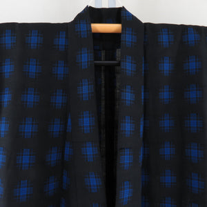 ウール着物 単衣 黒色ｘ青色 絣柄 バチ衿 カジュアルきもの 仕立て上がり 身丈152cm 美品