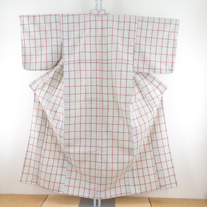 Wool kimono uniform beige color x red lattice pattern Kasuri tone collar casual kimono tailor
