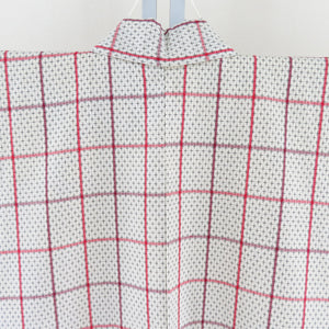 ウール着物 単衣 ベージュ色ｘ赤色 格子柄 絣調 バチ衿 カジュアルきもの 仕立て上がり 身丈151cm