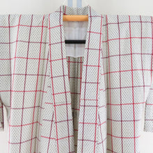 Load image into Gallery viewer, Wool kimono uniform beige color x red lattice pattern Kasuri tone collar casual kimono tailor