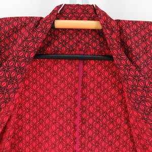 ウール着物 単衣 朱色 麻の葉模様 バチ衿 カジュアルきもの 仕立て上がり 身丈154cm 美品