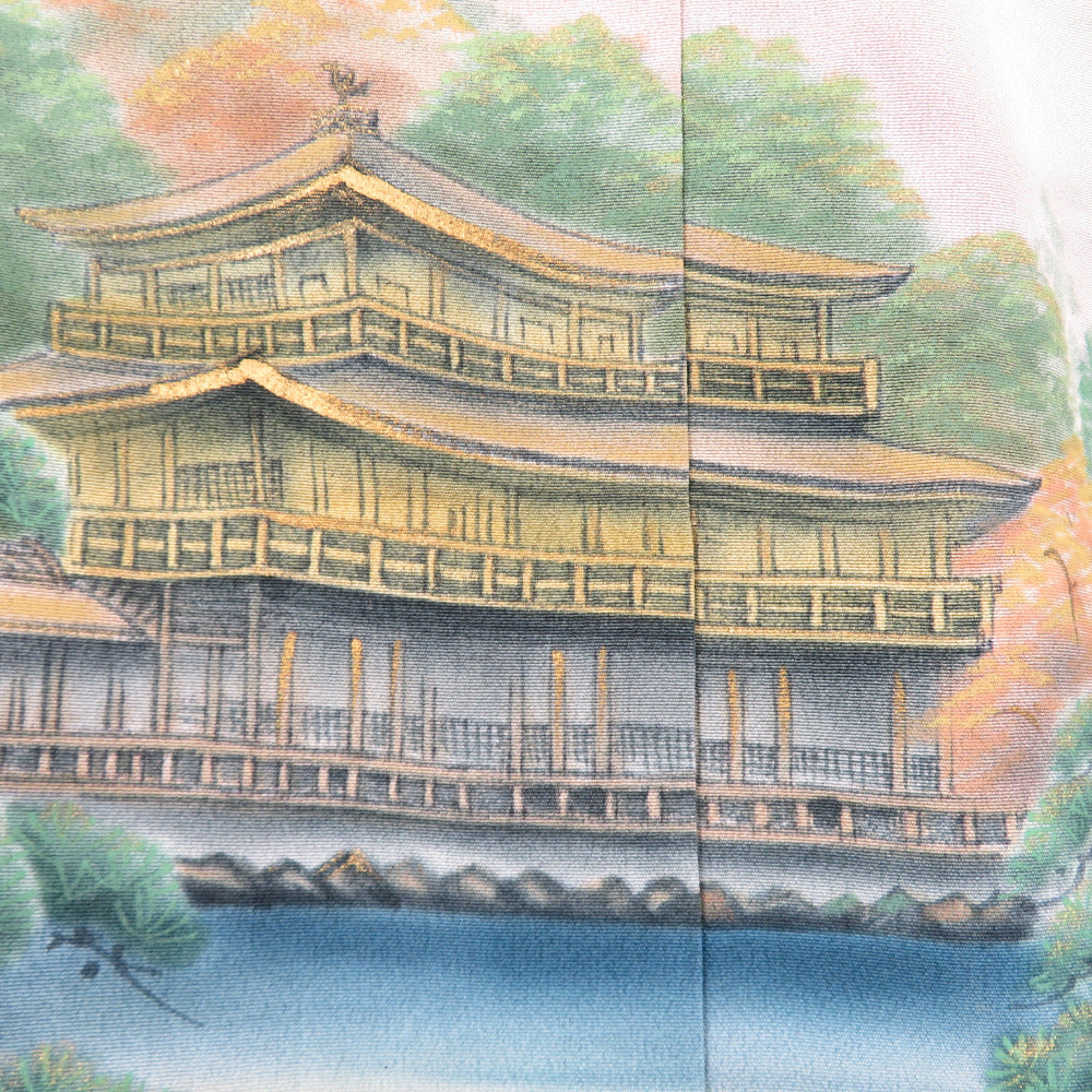 1609.手描き 風景画 色留袖 一つ紋 塔 寺 神社 共八掛 正絹 着物 - 着物