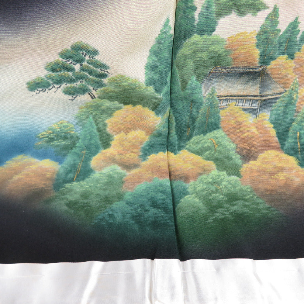 1609.手描き 風景画 色留袖 一つ紋 塔 寺 神社 共八掛 正絹 着物正絹