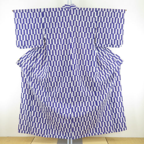 ウール着物 単衣 白色ｘ紫色 矢羽根柄 矢絣模様 バチ衿 カジュアルきもの 仕立て上がり 身丈152cm