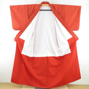 ウール着物 袷 オレンジ色 麻の葉模様 バチ衿 カジュアルきもの 仕立て上がり 身丈154cm 美品