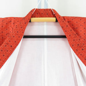 ウール着物 袷 オレンジ色 麻の葉模様 バチ衿 カジュアルきもの 仕立て上がり 身丈154cm 美品