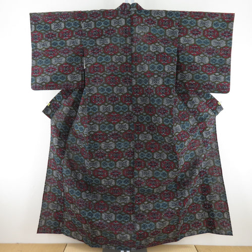 ウール着物 単衣 灰色ｘ赤色 亀甲に花柄 織り文様 バチ衿 カジュアルきもの 仕立て上がり 身丈157cm 美品