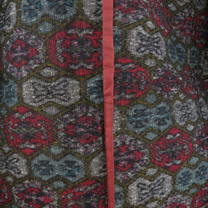 ウール着物 単衣 灰色ｘ赤色 亀甲に花柄 織り文様 バチ衿 カジュアルきもの 仕立て上がり 身丈157cm 美品
