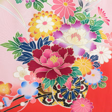 Load image into Gallery viewer, Children&#39;s kimono girl one body red x pink 2 -piece set set of undergarment Pure silk flower car pattern Formal girls Shichigosan celebration Children&#39;s height 97cm beautiful goods