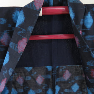 木綿着物 アンティーク コート仕立て 絣 流水に水玉 単衣 バチ衿 藍色 かすり 仕立て上がり着物 レトロ 大正ロマン 身丈123cm