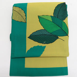 名古屋帯 正絹 織文様 葉っぱ柄 緑色ｘ黄緑 カジュアル 仕立て上がり 着物帯 長さ348cm