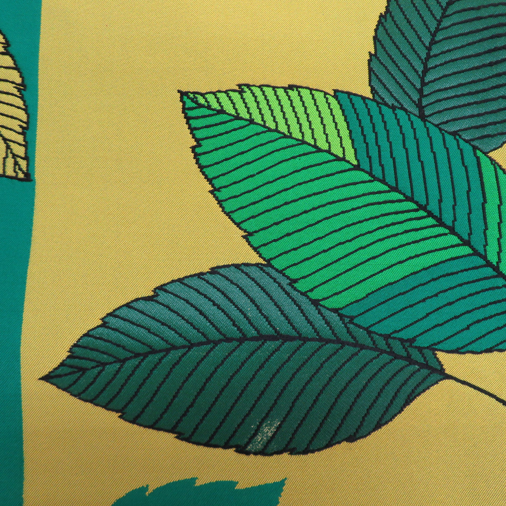 名古屋帯 正絹 織文様 葉っぱ柄 緑色ｘ黄緑 お太鼓柄 カジュアル
