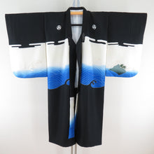 Load image into Gallery viewer, Children&#39;s kimono boys children&#39;s kids four crests black x blue pure silk formal hawk on the wavy kimono boys Shichigosan celebration 115cm