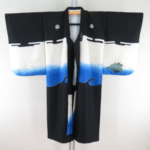 Children's kimono boys children's kids four crests black x blue pure silk formal hawk on the wavy kimono boys Shichigosan celebration 115cm