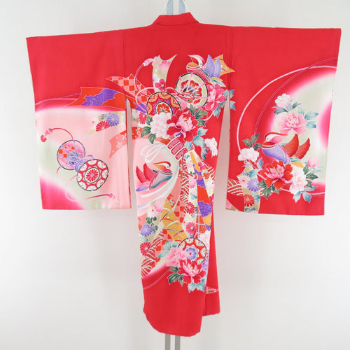 子供着物 女の子用 一つ身 赤色xピンク色 正絹 鶴に熨斗におしどり文様 フォーマル 女児 七五三 祝着 子供きもの  身丈98cm