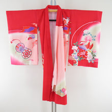 Load image into Gallery viewer, Children&#39;s kimono girl one body red x pink -colored pure silk cranes on a bonito pattern form formal girl Shichigosan celebration children&#39;s height 98cm