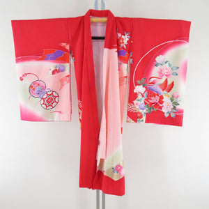Children's kimono girl one body red x pink -colored pure silk cranes on a bonito pattern form formal girl Shichigosan celebration children's height 98cm