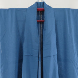 夏着物 単衣 絽 色無地 広衿 正絹 青色 一つ紋入り ツタ紋 夏用 仕立て上がり 身丈154cm 美品