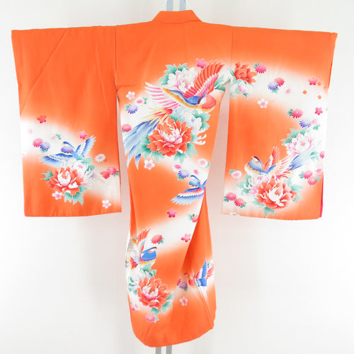 Children's kimono girl one body orange color x white blur 2 -piece set set with undergarment Pure silk bird pattern formal girls Shichigosan celebration Children's height 98.5cm