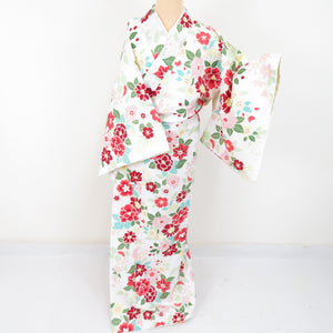 hiromichi nakano ヒロミチナカノ 小紋 洗える着物 牡丹に花柄 白色 袷 広衿 Mサイズ ポリエステル100％ カジュアル 身丈161cm