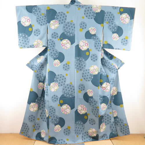 hiromichi nakano Hiromitinakano Komon Washable kimono flower circle pattern blue gray lined wide lined wide collar M size back polyester 100 % casual height 161cm