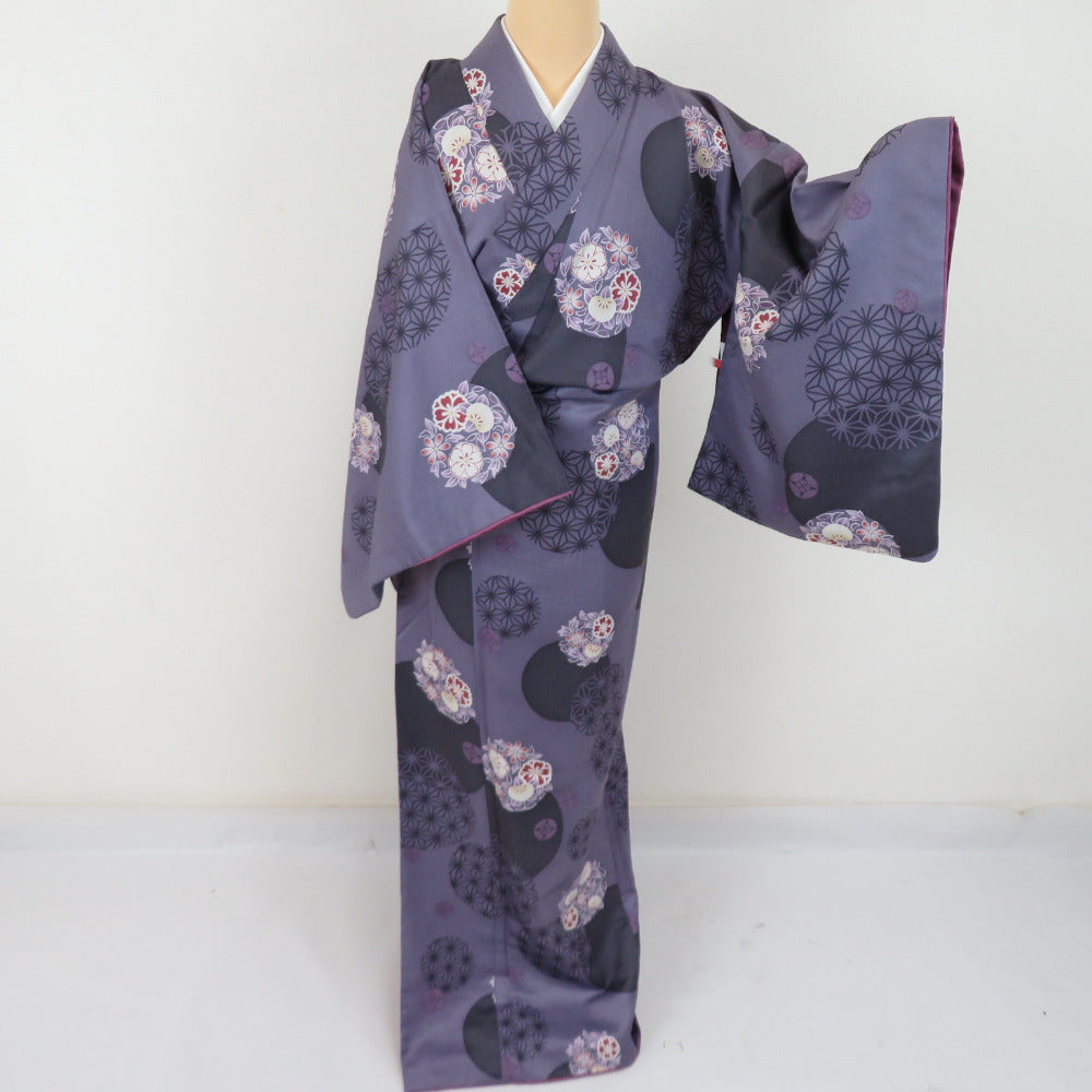 小紋 洗える着物 花丸柄 紫色 袷 広衿 Mサイズ カラー胴裏 