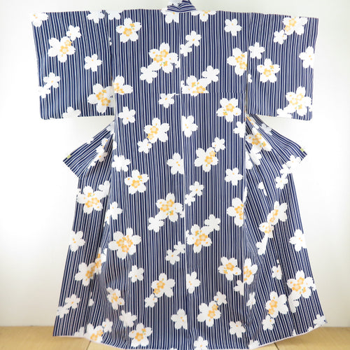 Komon Washing kimono striped cherry blossom pattern white / dark blue lined wide collar M size polyester 100 % Casual height 162cm