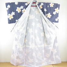 Load image into Gallery viewer, Komon Washing kimono striped cherry blossom pattern white / dark blue lined wide collar M size polyester 100 % Casual height 162cm