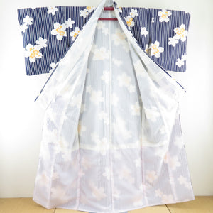 Komon Washing kimono striped cherry blossom pattern white / dark blue lined wide collar M size polyester 100 % Casual height 162cm