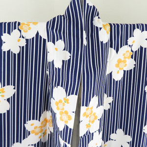 小紋 洗える着物 縞に桜柄 白・紺色 袷 広衿 Mサイズ ポリエステル100％ カジュアル 身丈162cm