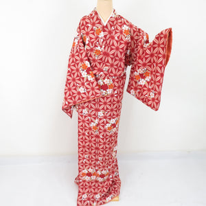 R・KIKUCHI リョウコ・キクチ 小紋 麻の葉に桜 洗える ポリエステル 赤茶色 袷 広衿 カジュアル 仕立て上がり着物 身丈164cm