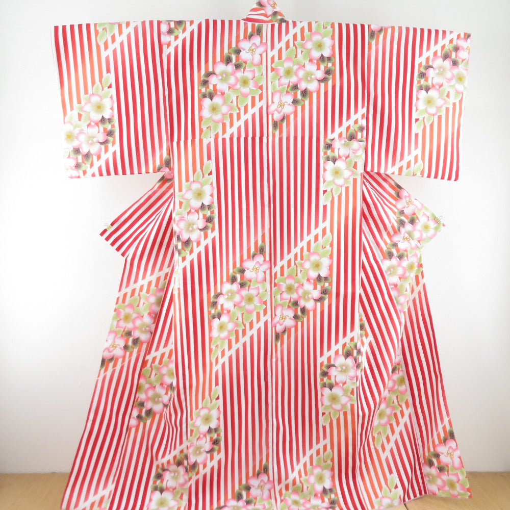 Komon Washing kimono stripes with cherry blossom patterns white / red lined wide collar L size polyester 100 % casual height 163cm beautiful goods
