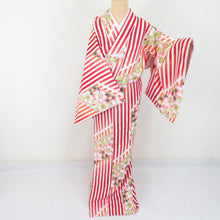 Load image into Gallery viewer, Komon Washing kimono stripes with cherry blossom patterns white / red lined wide collar L size polyester 100 % casual height 163cm beautiful goods