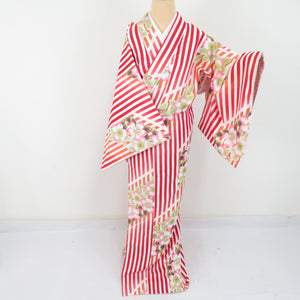 Komon Washing kimono stripes with cherry blossom patterns white / red lined wide collar L size polyester 100 % casual height 163cm beautiful goods